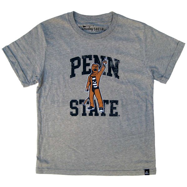 youth heather gray short sleeve t-shirt with distressed printed Nittany Lion Mascot in front of Penn State
